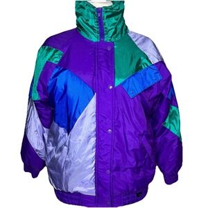 Green Mountain Vtg 90s Puffer Jacket M Zip + Snap Pocket Hi Neck Ski Windbreaker